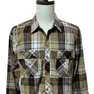 Red Ape Shirt Mens 2XL Tan White Yellow Plaid Western Cowboy Pockets Long Sleeve